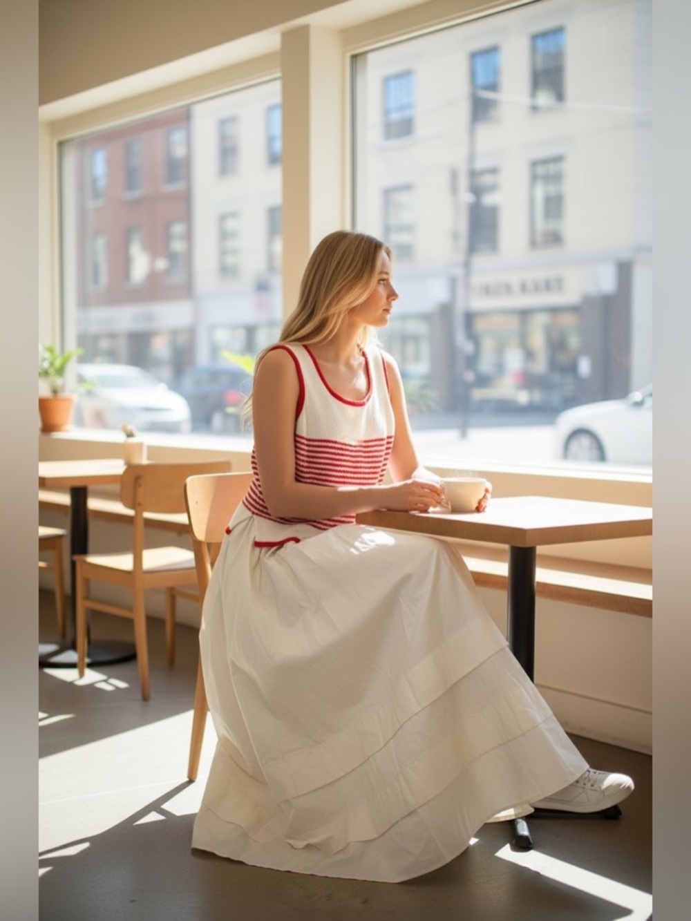 Moon River Cream Maxi Dress with Red Knit Striped Bodice | NWT - Picture 2 of 9